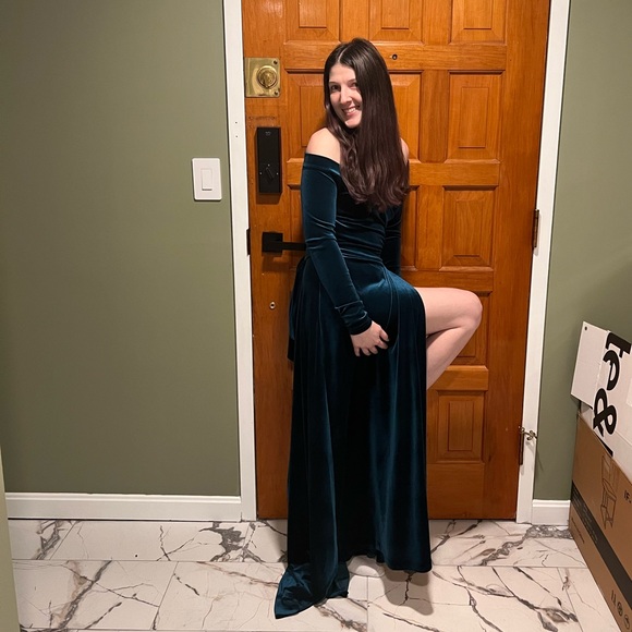 Dark blue green velvet dress with thigh high slit. Super soft, never been worn! - Picture 2 of 3